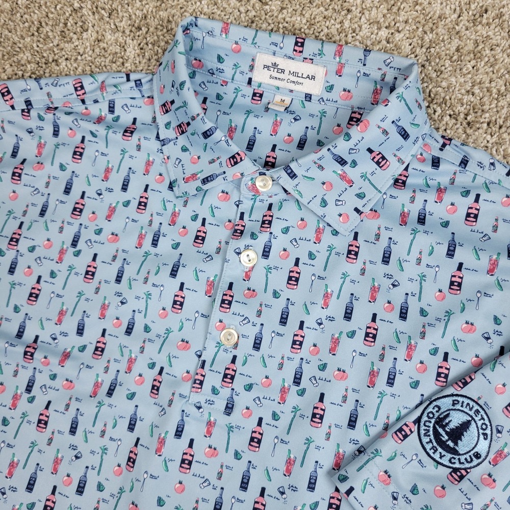 Peter Millar Summer Comfort Mens Medium Blue AOP Bottles Performance Polo